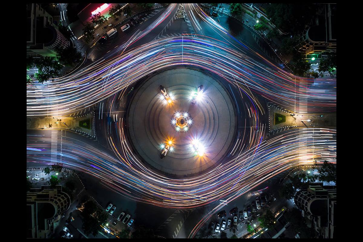 Aerial view of Light Trails On Multiple Lane Highway At Night