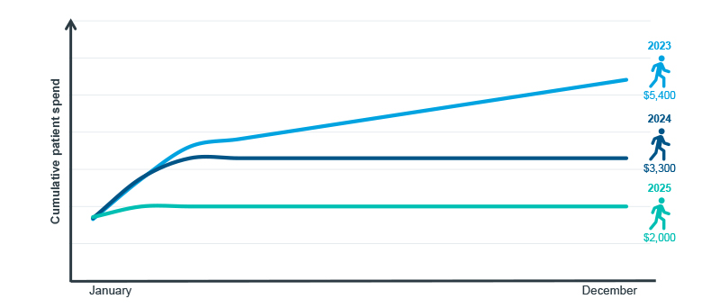 Chart illustrating Cumulative Patient Spend in Medicare Part D with $4,000 monthly costs and $0 catastrophic patient costs in 2024.